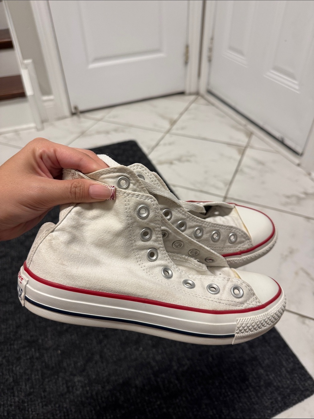White Kids High-Top Canvas Sneakers with Red Trim